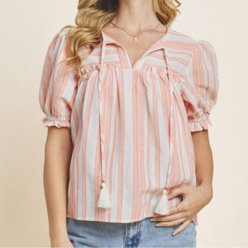 ODDY V- Neck Puff Sleeve Striped Blouse. Size 1XL NWT